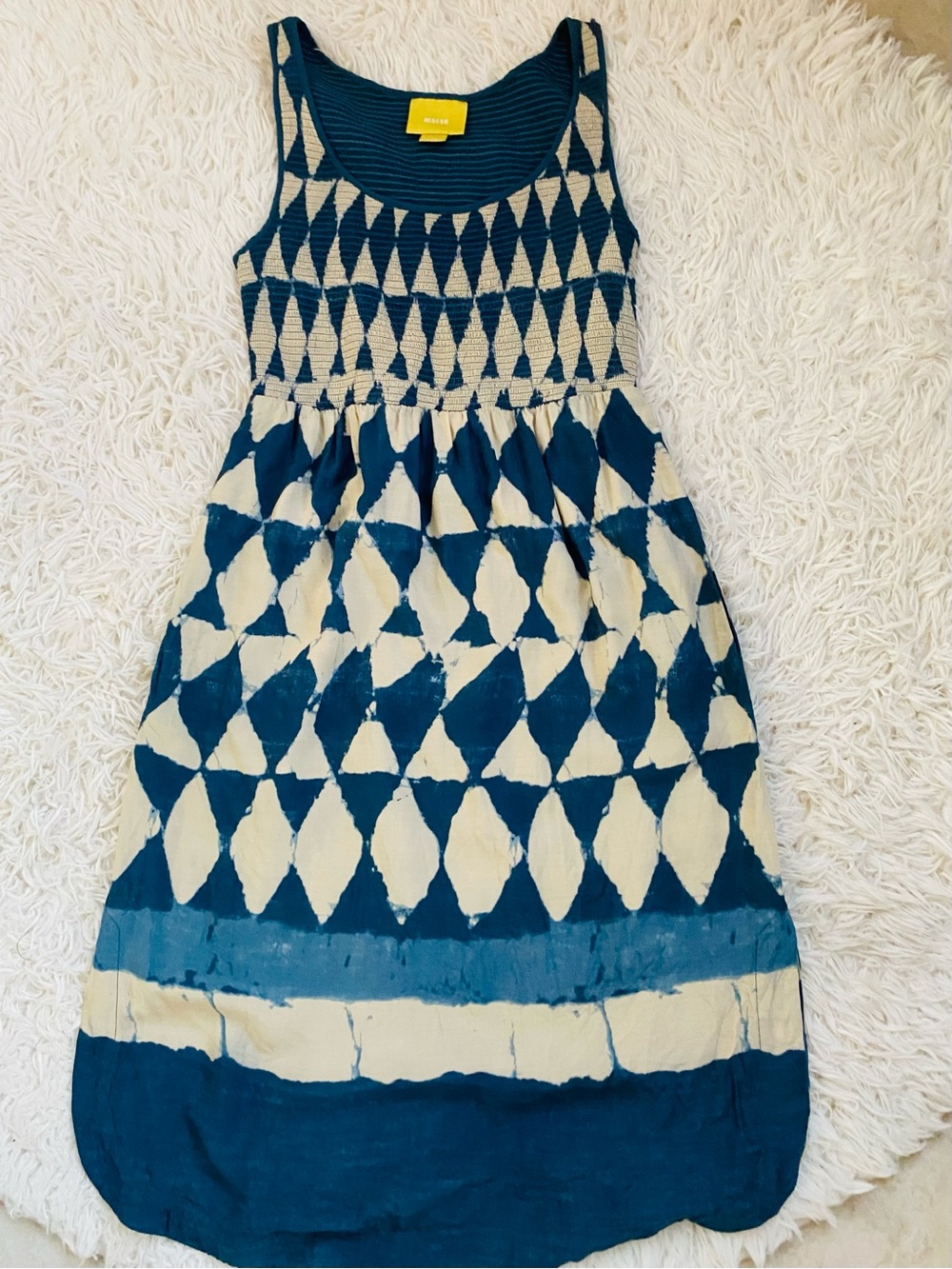 Maeve Anthropologie Smocked Geometric MIDI Dress  Blue Cream Size 4